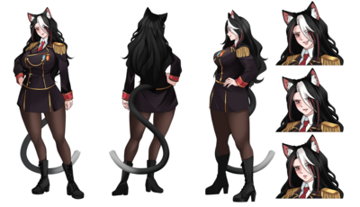 raitvisualworks, anime girl, black hair, red eyes, pencil skirt, pantyhose, catgirl, demon, mommy milkies